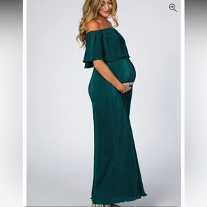 Pink blush Forest Green Pleated Ruffle Off Shoulder Maternity Maxi Dress